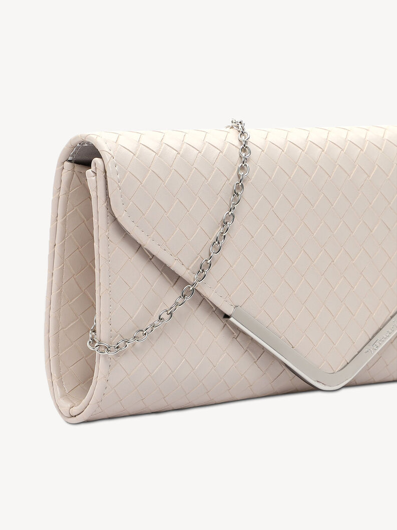 Side detail of open clutch with metal chain and woven pattern