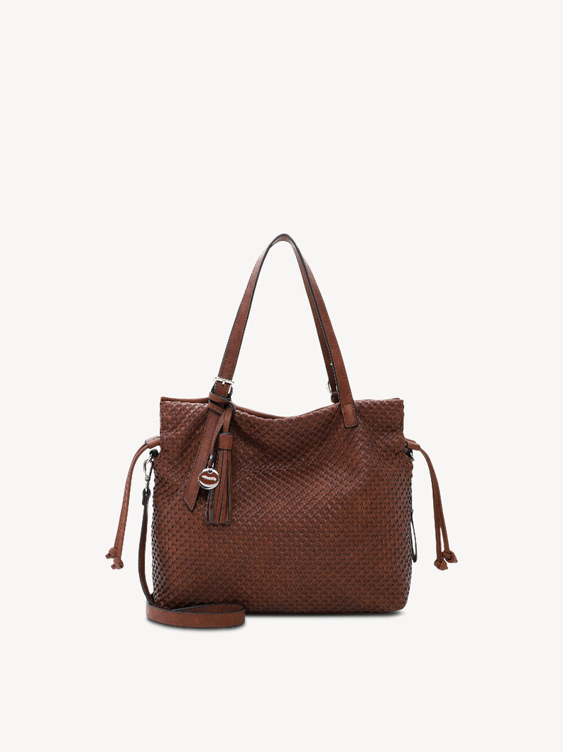 Braune geflochtene Handtasche mit langen Griffen und Anh&auml;nger