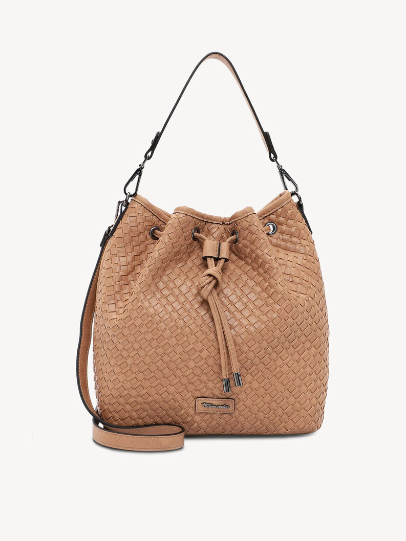Brown shoulder bag with woven pattern and drawstring closure