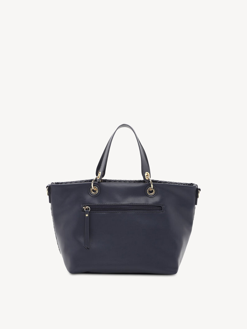 Dark blue handbag with smooth back panel and gold rings