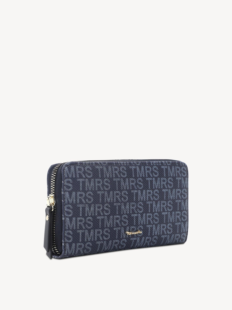 Side view of dark blue wallet with TMRS lettering pattern