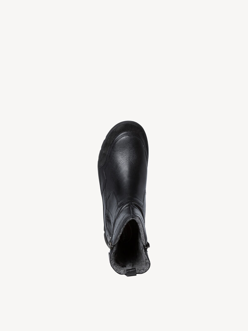 Top view of black leather winter ankle boot with zipper