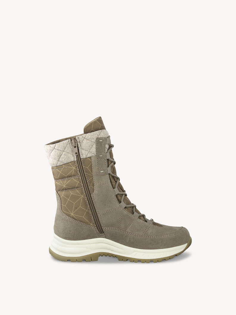 Brauner Damen-Winterstiefel mit hohem Schaft, Rei&szlig;verschluss und wei&szlig;em Rand