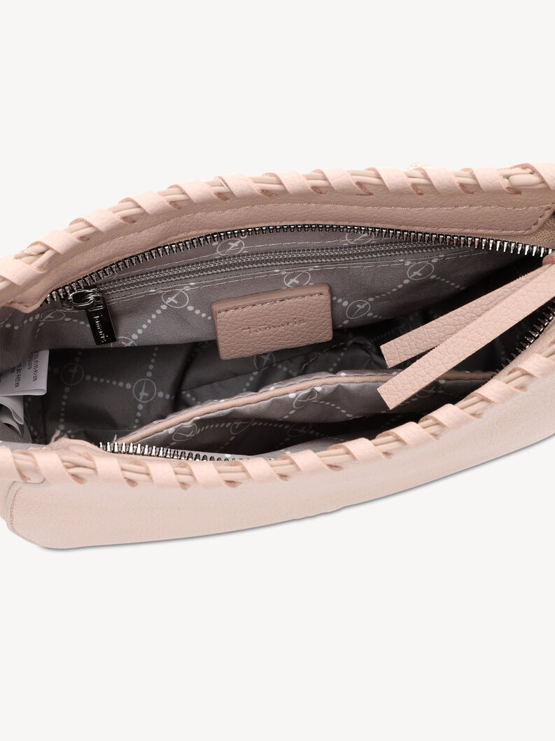 Vista interna della borsa a tracolla in pelle rosa chiaro con tasche interne