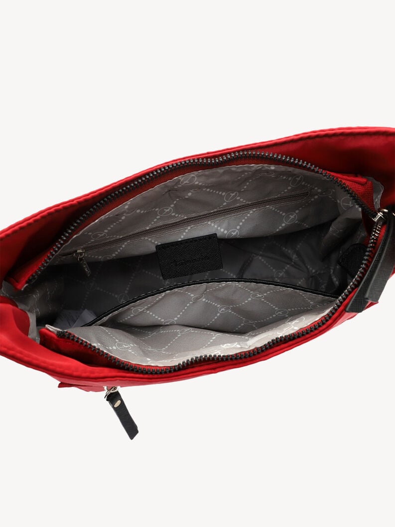 Detalje af r&oslash;d nylon skuldertaske med indvendige lommer