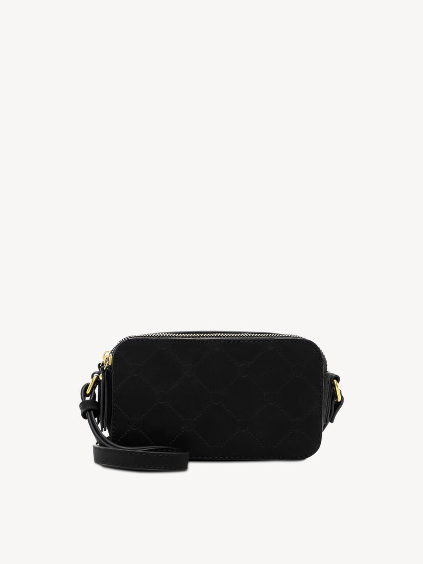 Zwarte su&egrave;de crossbodytas met doorgestikt patroon en gouden accenten