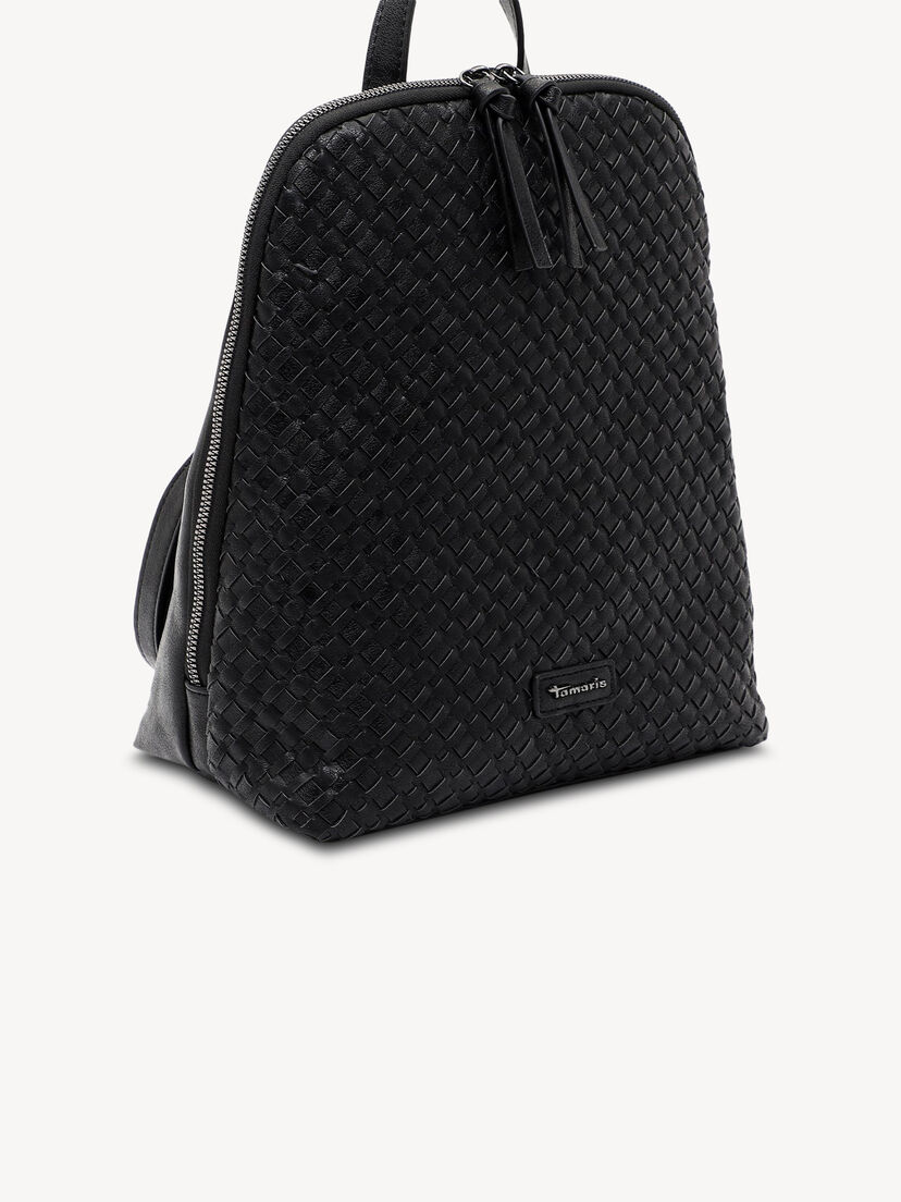 Achteraanzicht hoeks van zwarte leren geweven Tamaris rugzak