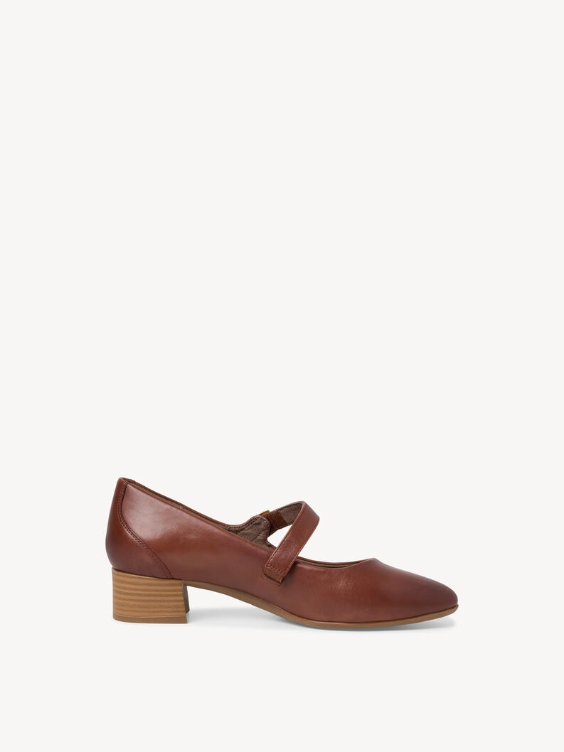 Brown leather Mary Jane shoes with low block heel and simple design