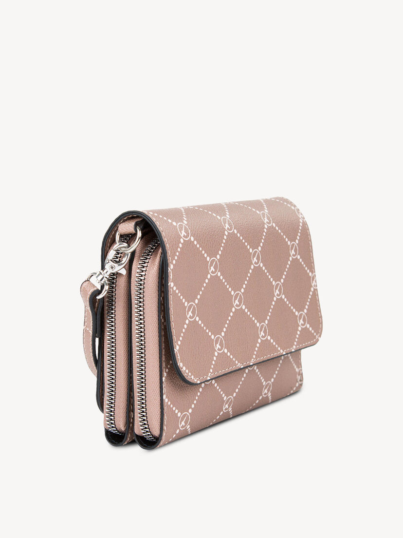 Roze leren tas met twee ritssluitingen en wit patroon