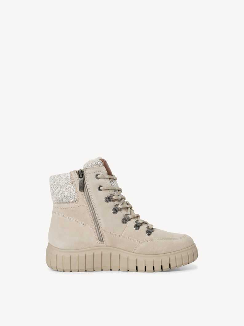 Bottine beige en daim avec fermeture &eacute;clair et col tricot&eacute;