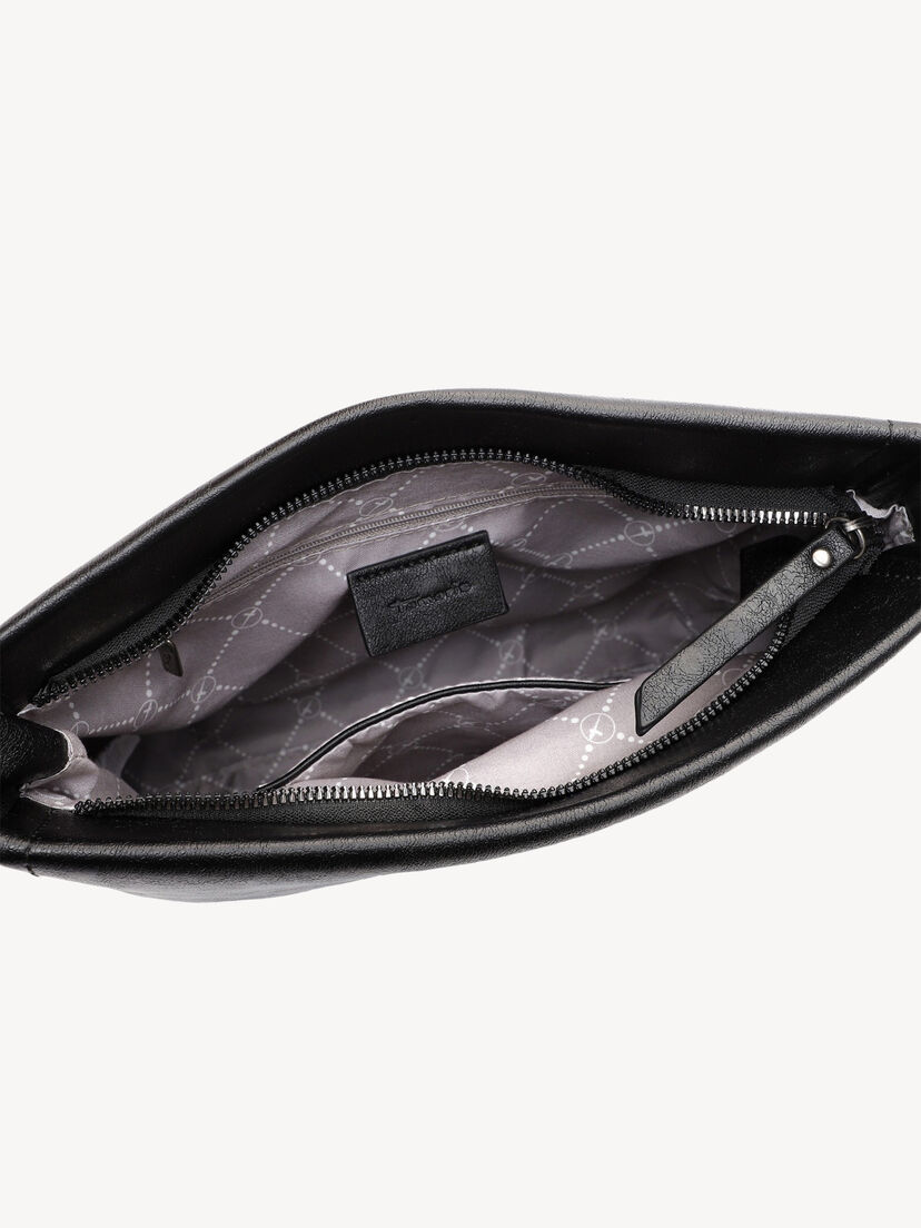 Binnenkant van zwarte dames schoudertas van imitatieleer met vakken