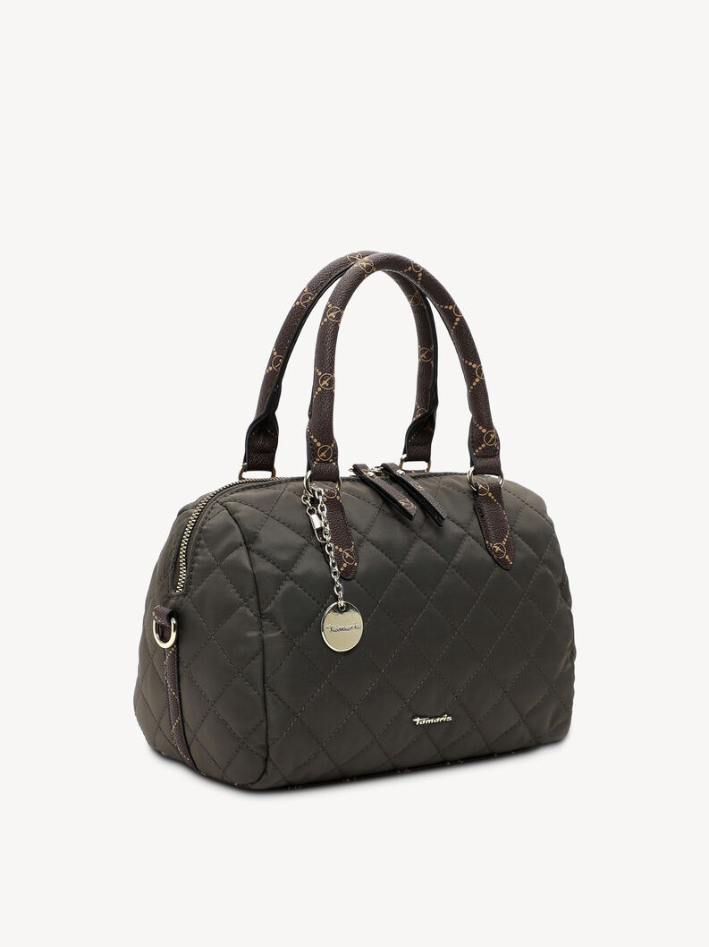 Kąt widzenia pikowanej oliwkowej torebki z brązowymi wzorzystymi uchwytami