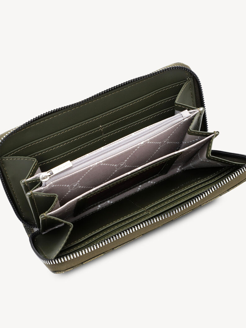 Interior of green Tamaris wallet with card slots and zipper pocket