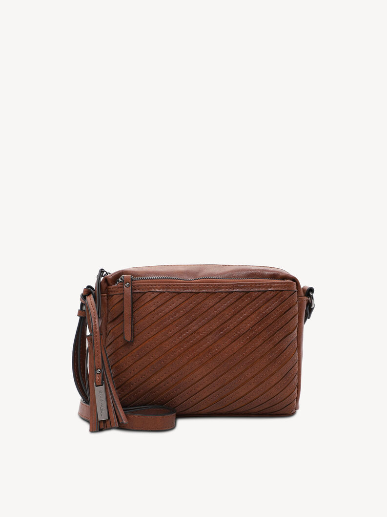 Sac bandouli&egrave;re en cuir marron &agrave; motif diagonal avec fermeture &eacute;clair