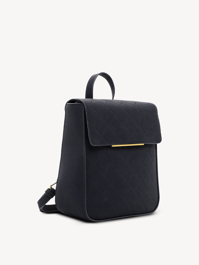 Seitenansicht eines schwarzen eleganten Rucksacks mit gestepptem Muster