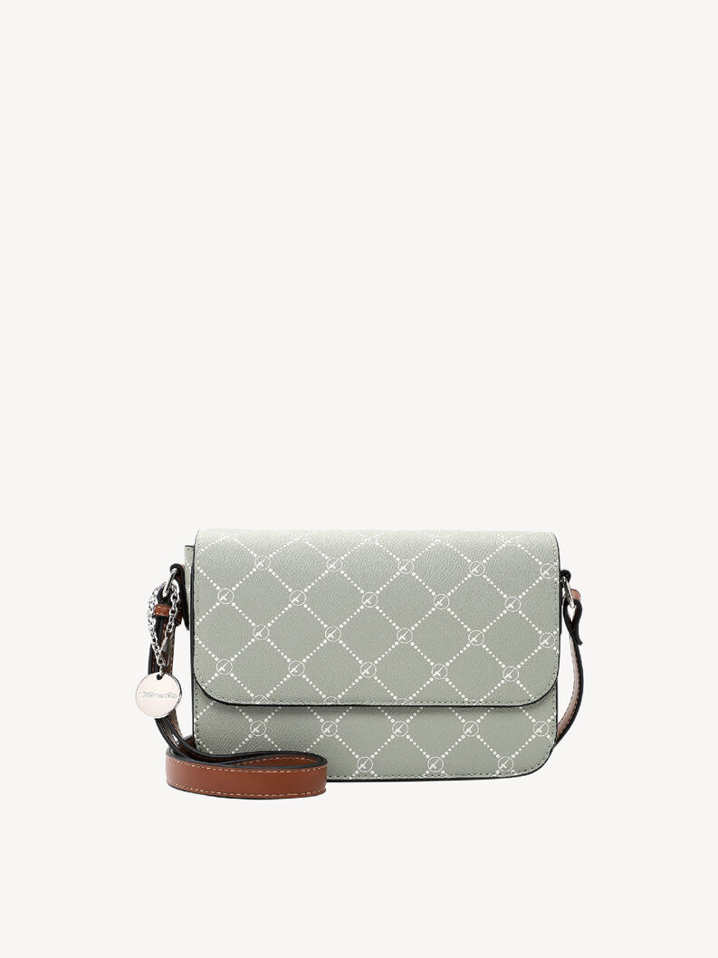 Small grey-green crossbody bag with white pattern and brown strap