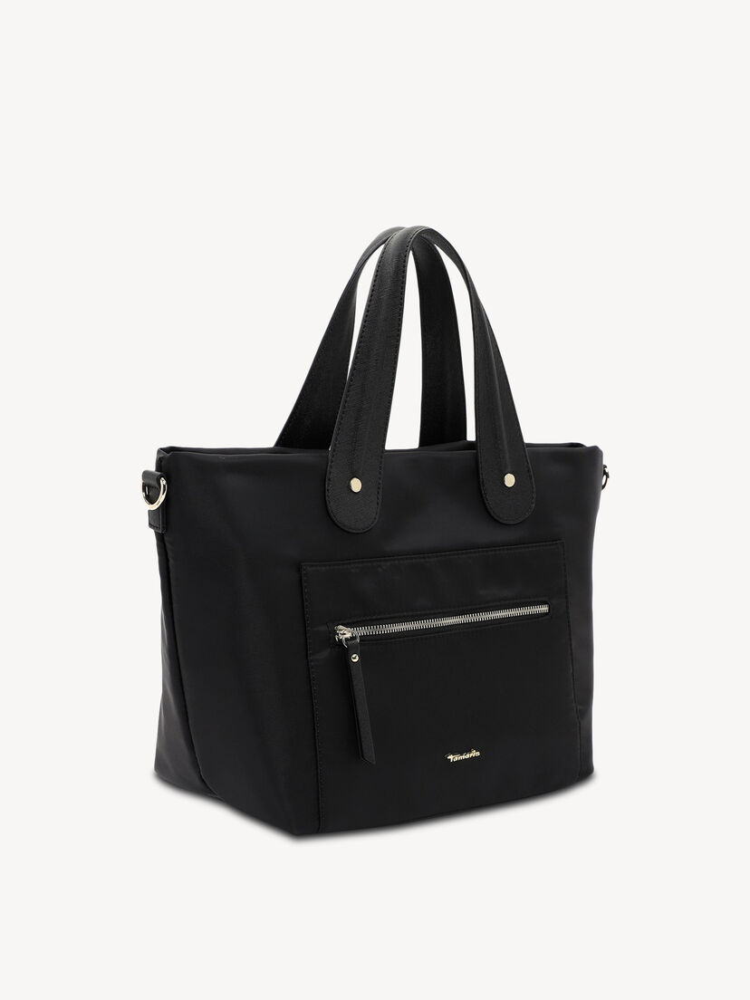 Zwarte schoudertas met leren handvaten en zilveren accenten