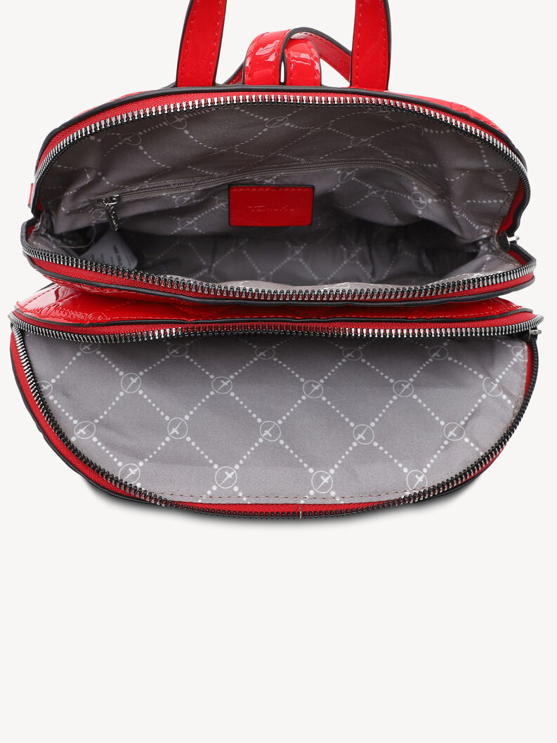 Otevřen&yacute; červen&yacute; leskl&yacute; batoh s vnitřn&iacute;m &scaron;ed&yacute;m vzorovan&yacute;m d&iacute;lem na zip