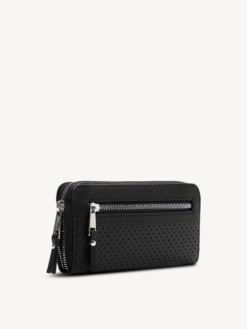 Vue en diagonale portefeuille noir en cuir perfor&eacute; avec deux fermetures &eacute;clair