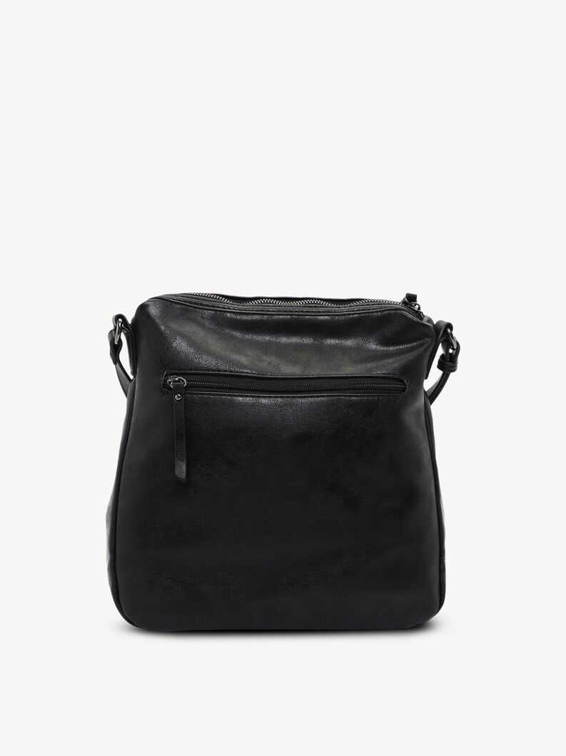 Vista posteriore borsa in pelle nera con tasca esterna con zip