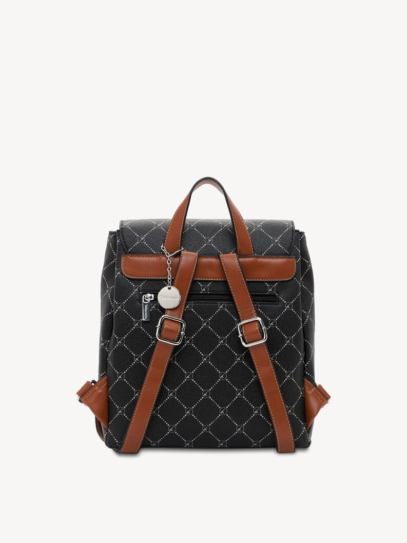 Widok z tyłu czarnego plecaka z brązowymi sk&oacute;rzanymi paskami na ramiona