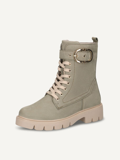 Beiger Damenstiefel mit goldener Schnalle und profilierter Sohle