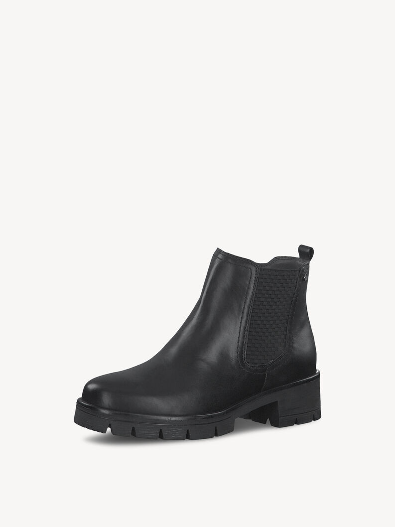 Black leather ankle boot with elastic side panel and rugged rubber sole