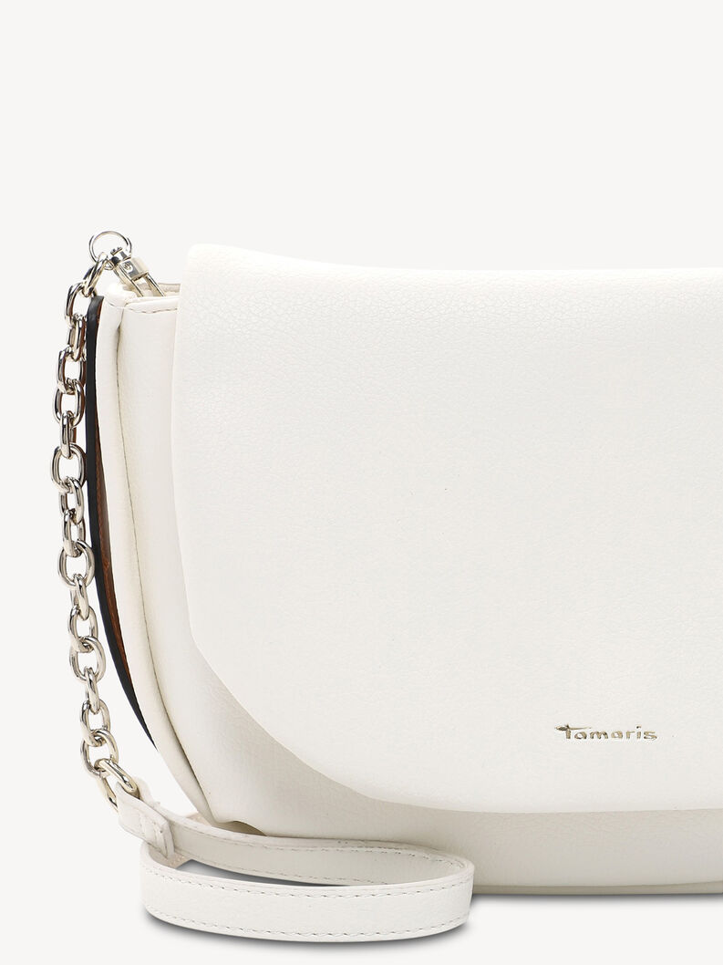 Borsa elegante bianca con catena metallica e logo frontale