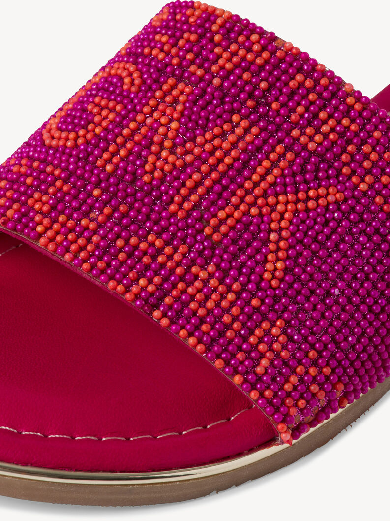 Detailaufnahme des pinken Perlenriemens bei Damen-Pantoletten