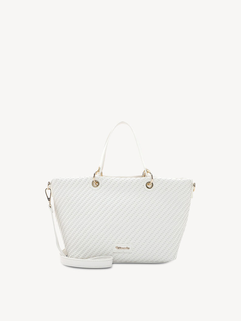 B&iacute;l&aacute; propleten&aacute; kabelka s zlat&yacute;mi kroužky a odn&iacute;mateln&yacute;m popruhem