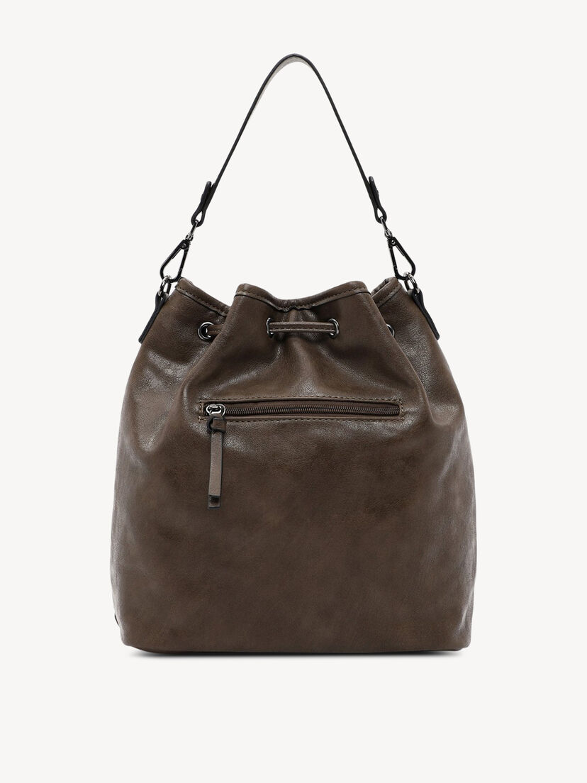 Achterkant van donkerbruine leren schoudertas met rits en glad materiaal