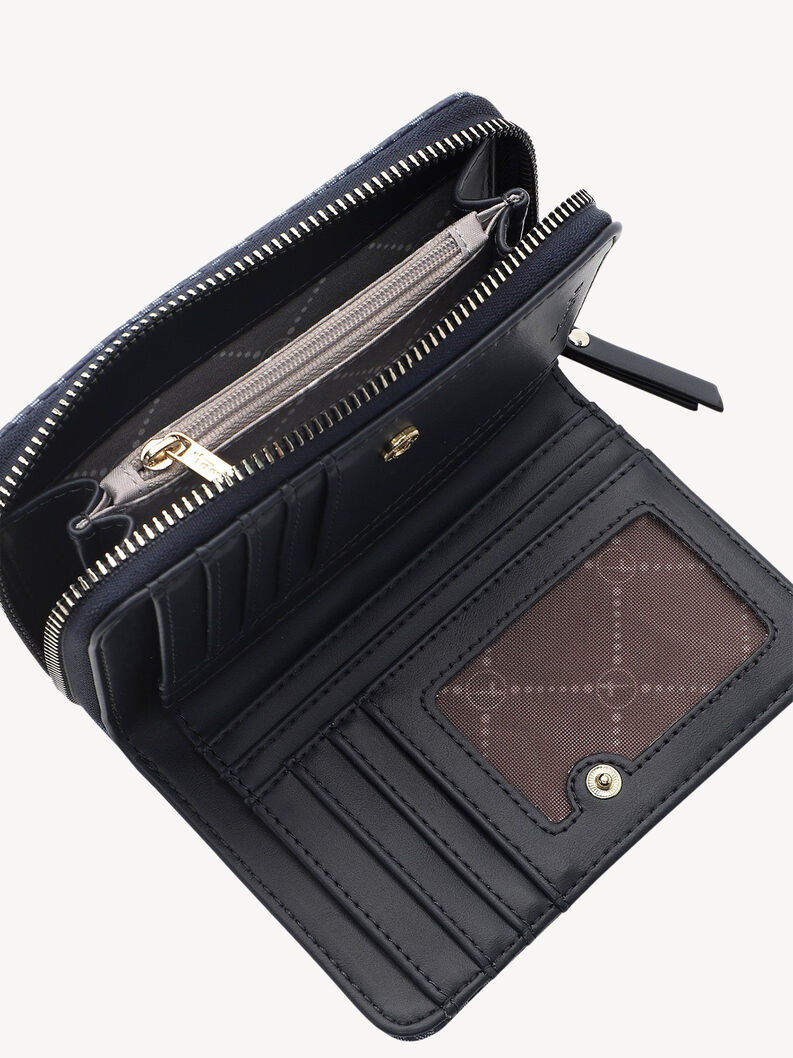 Portafoglio blu scuro Tamaris aperto con scomparti per carte e zip