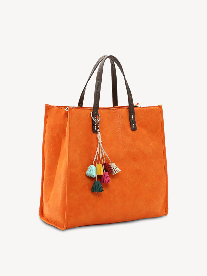 Sac &agrave; main en cuir orange avec pompons d&eacute;coratifs color&eacute;s et poign&eacute;es marron