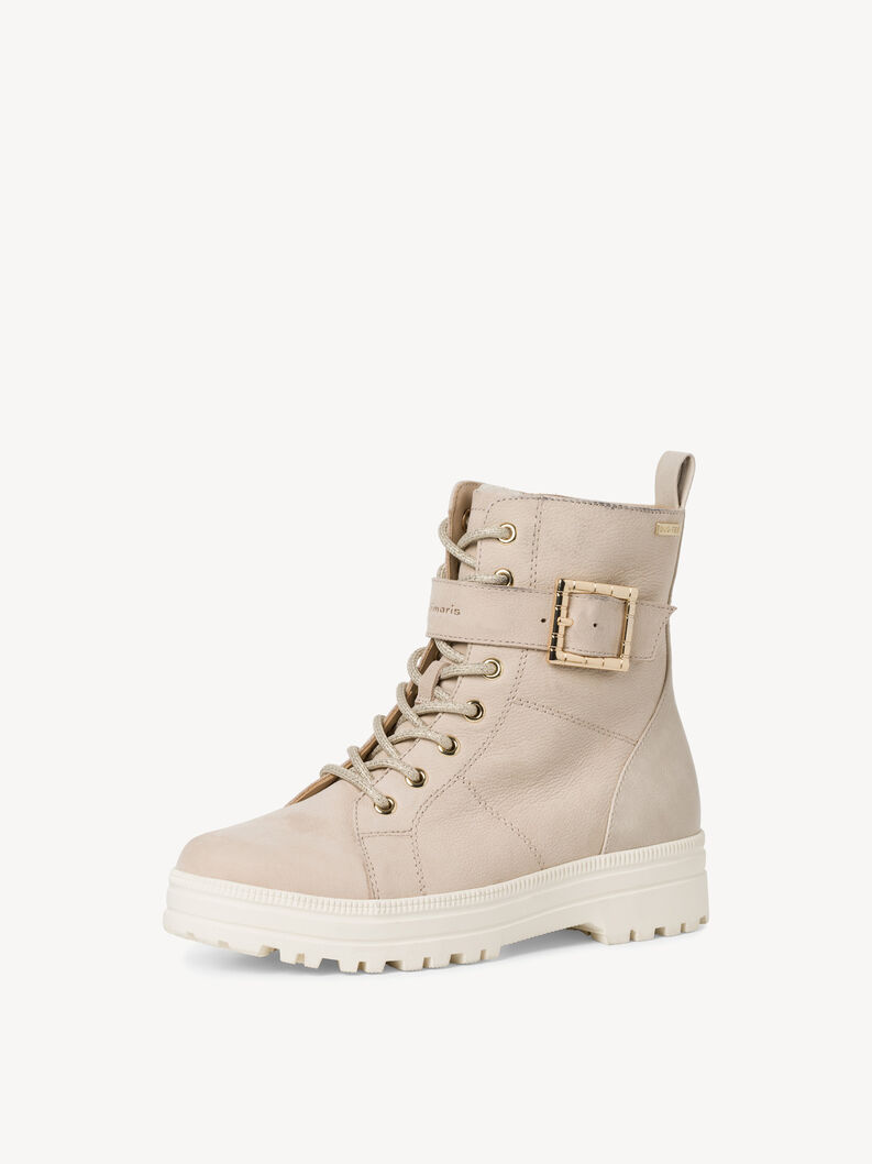 Beige Stiefelette mit goldener Schnalle und robuster wei&szlig;er Sohle