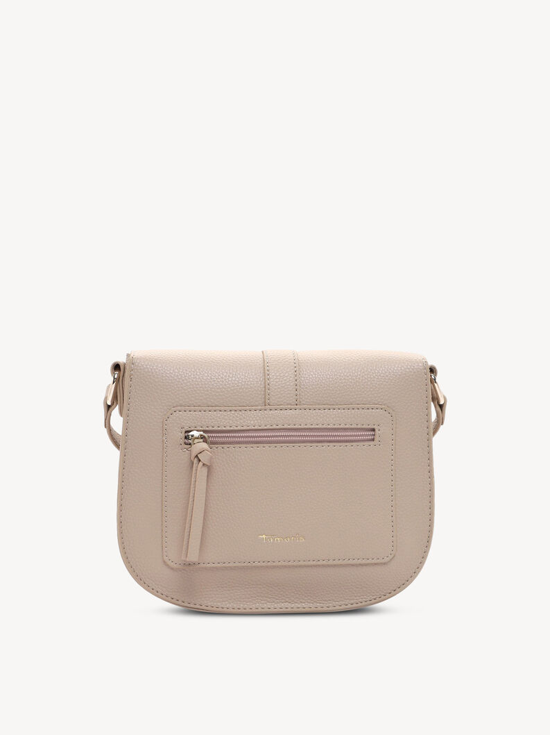 R&uuml;ckseite der beigen Lederhandtasche mit Rei&szlig;verschlusstasche