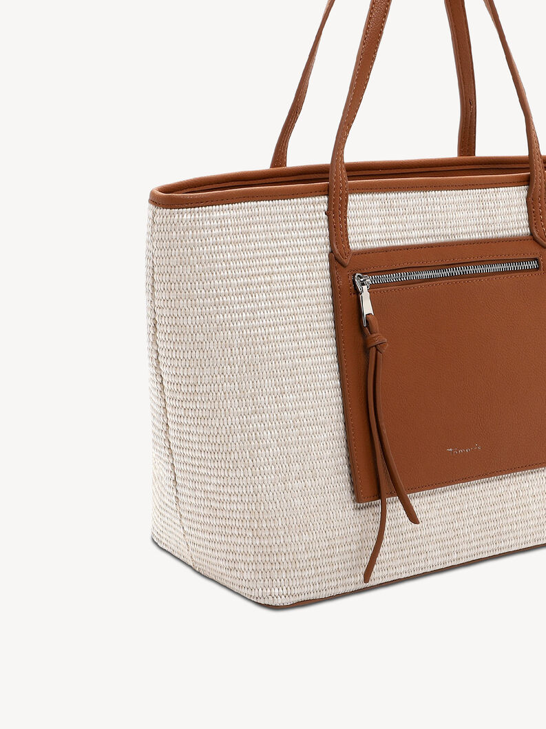 Widok z boku beżowej torby z brązowymi sk&oacute;rzanymi detalami i kieszenią na zamek