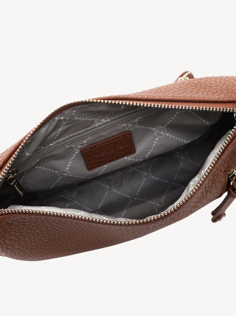 Detailansicht des Innenraums einer braunen Handtasche aus strukturiertem Kunstleder mit Rei&szlig;verschluss