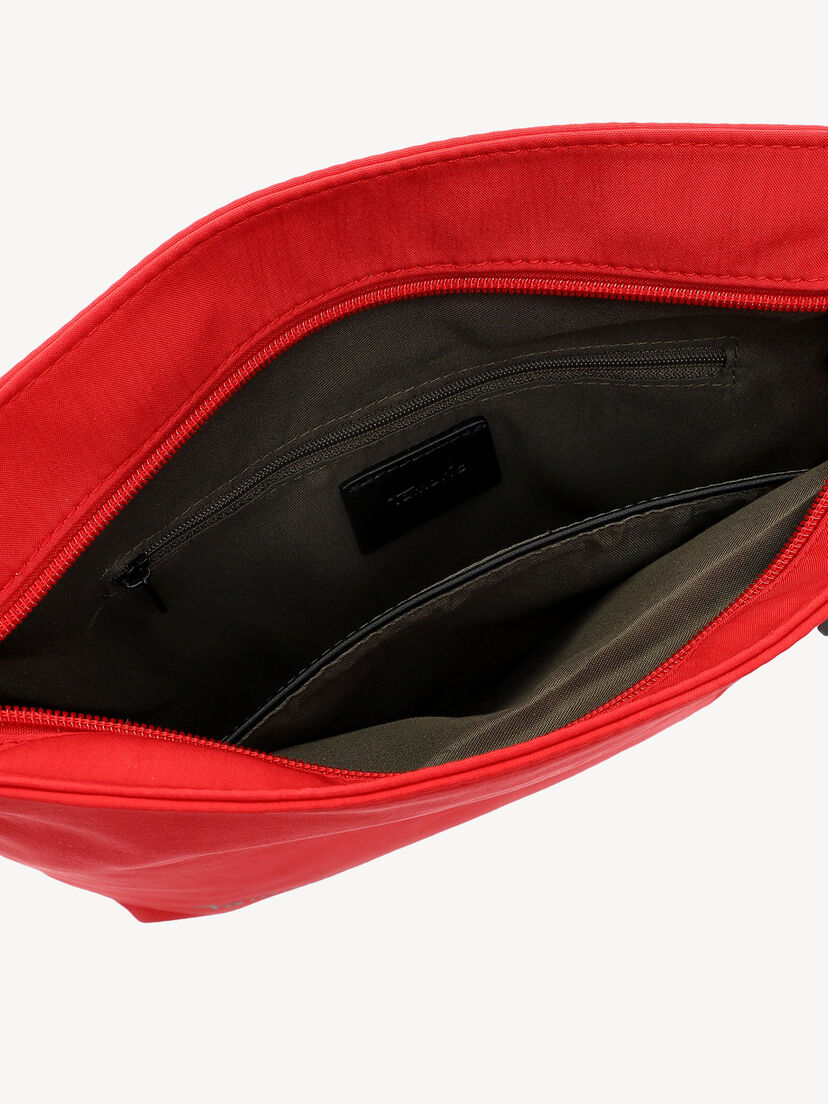 Binnenkant van rode schoudertas met stoffen voering en zakje