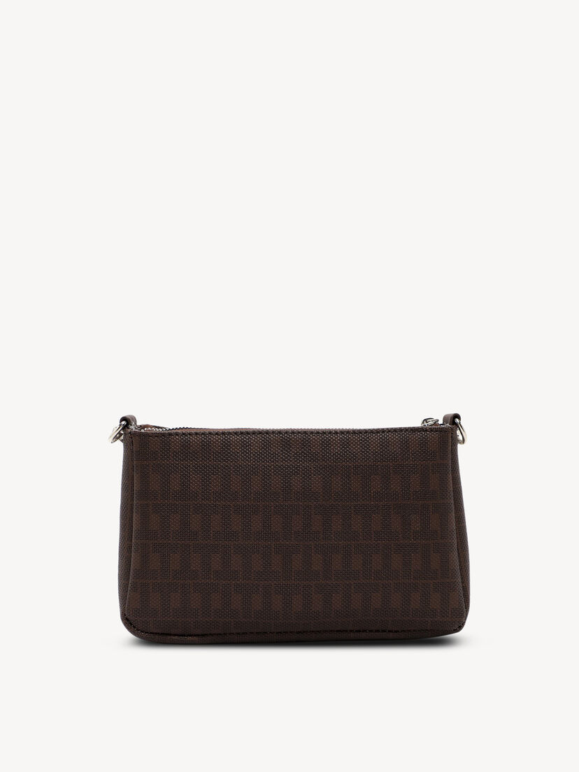 Achterkant van bruine kunstleren handtas met subtiel patroon