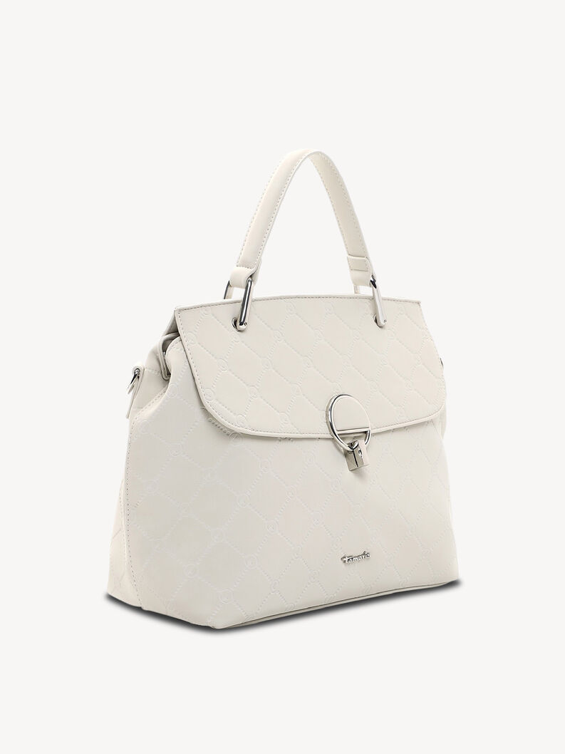 Elegant white handbag with quilted design and silver hardware