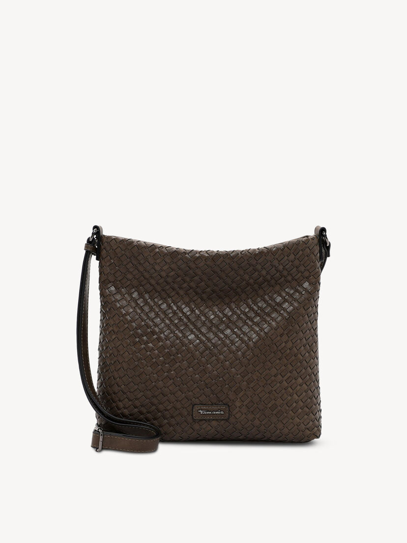 bruine schoudertas met geweven patroon en verstelbare riem