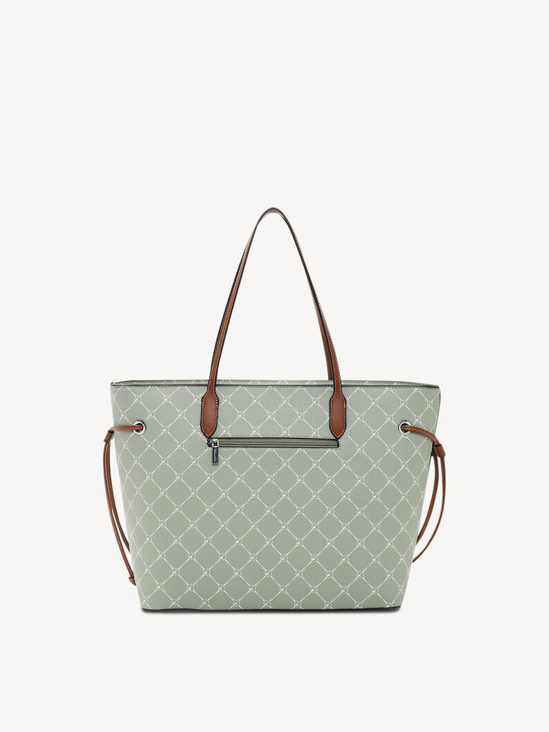Gr&uuml;ne Tasche mit braunen Griffen, Muster und Rei&szlig;verschlusstasche hinten
