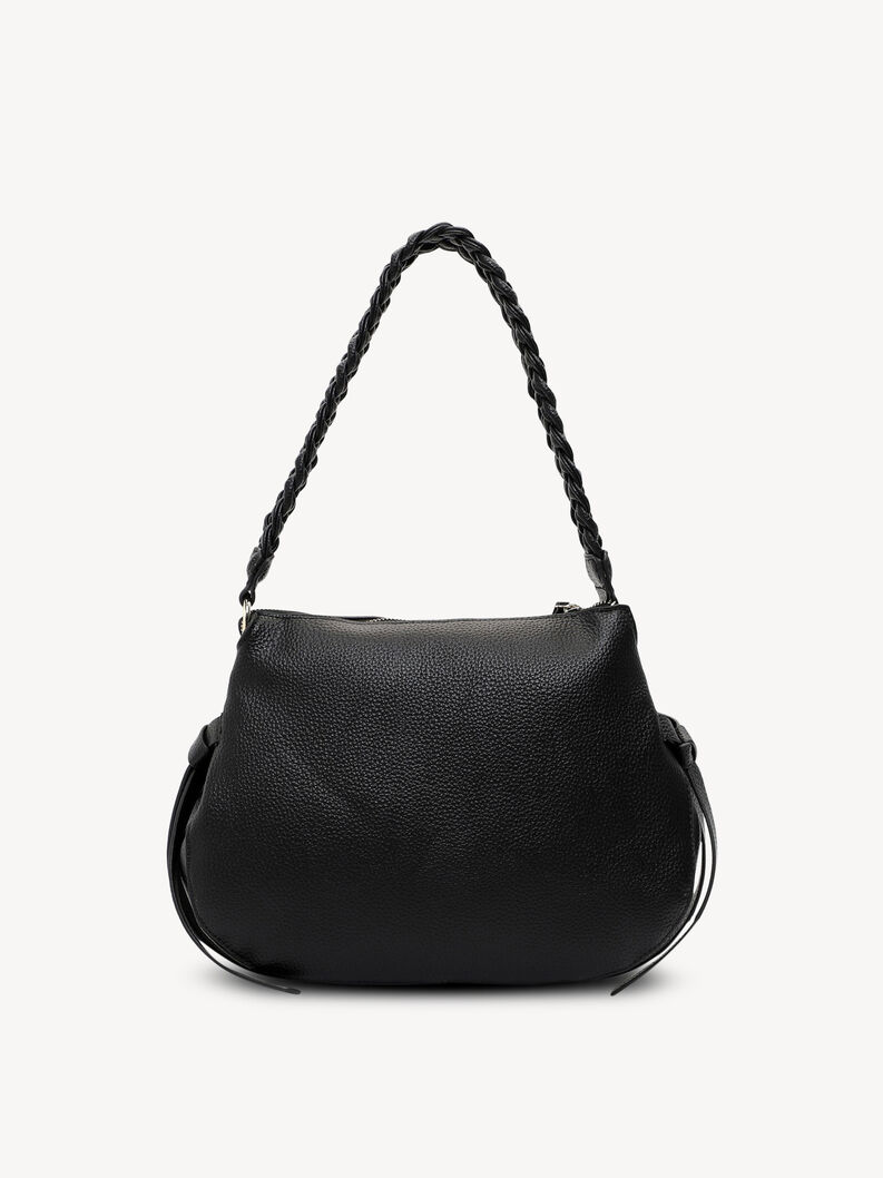 Bageste side af sort struktureret l&aelig;dertaske med flettet skulderrem