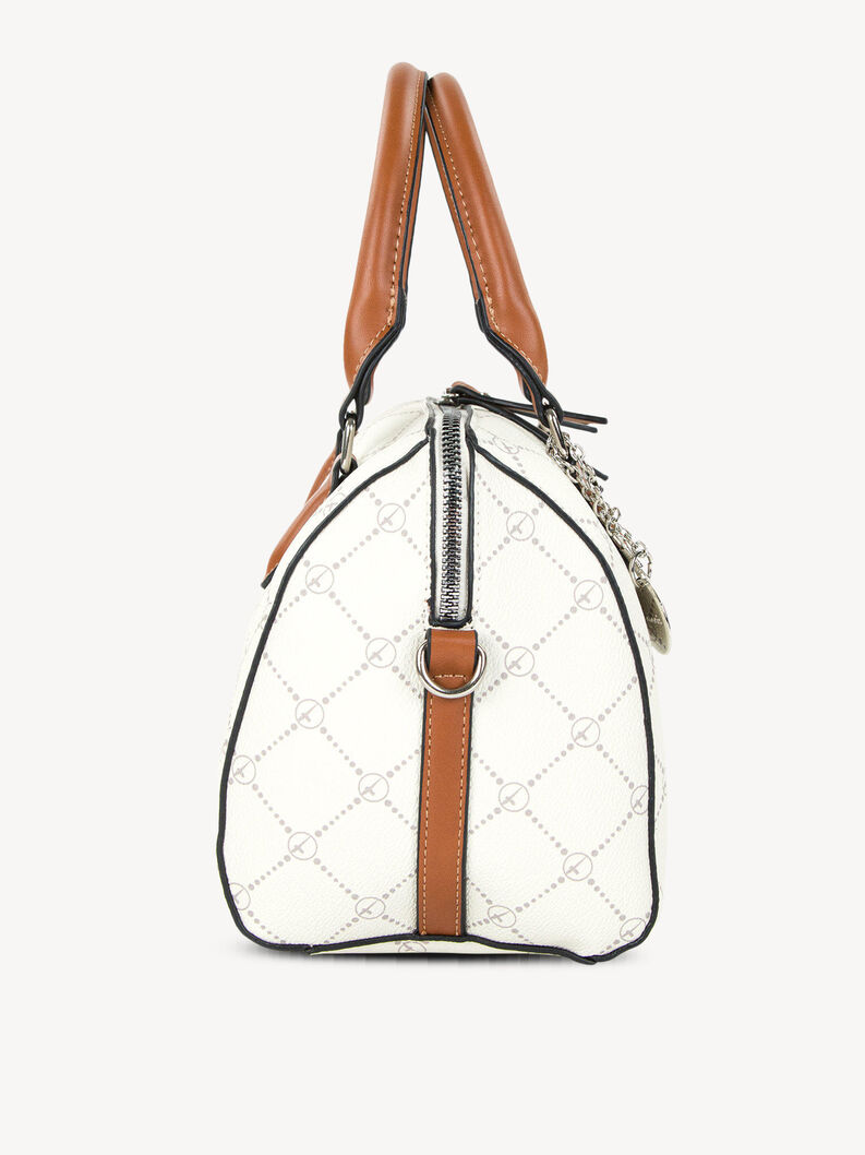 Widok z boku białej torebki z brązowymi uchwytami i wzorem