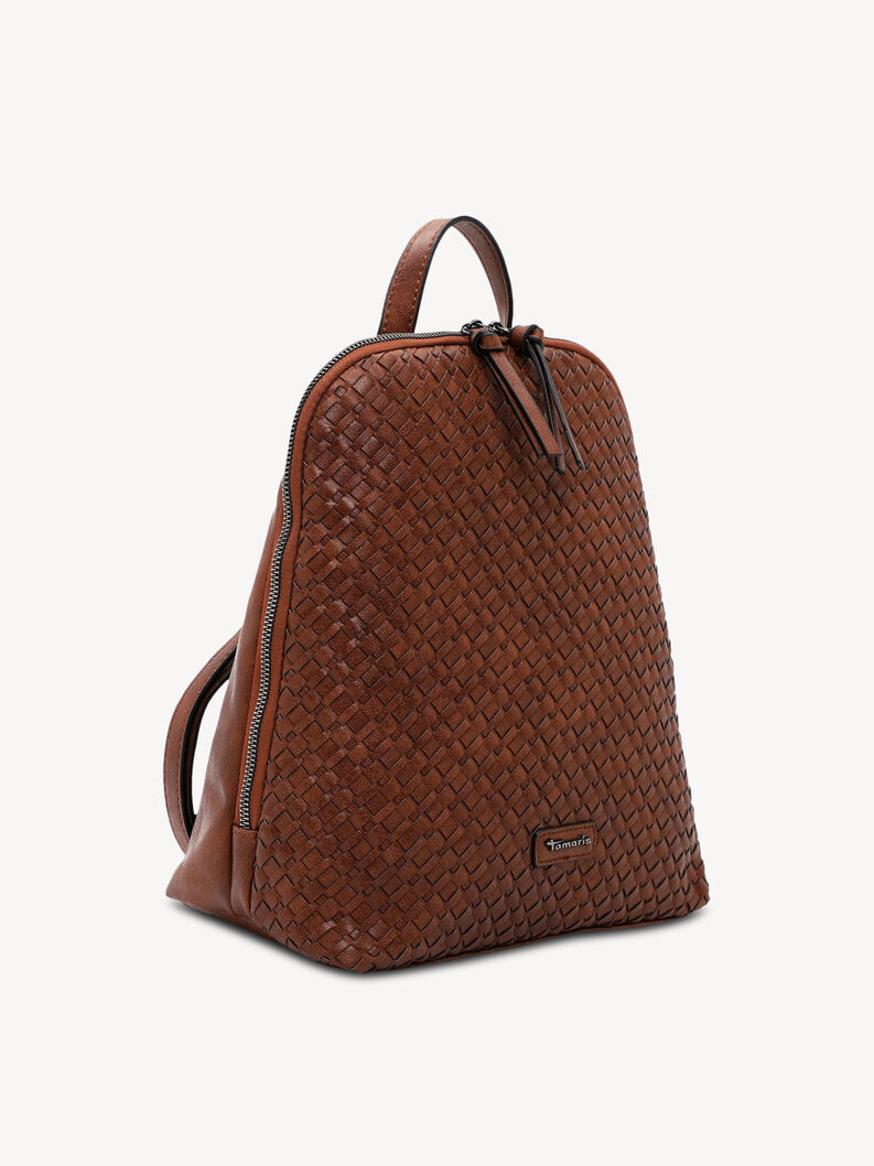 Angled view of brown leather backpack with woven pattern