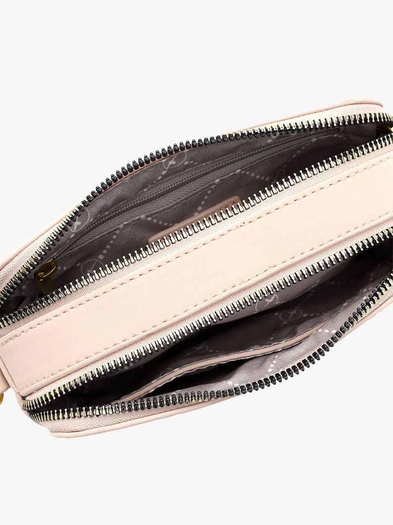 Ge&ouml;ffnete rosa Crossbody-Tasche mit zwei separaten Rei&szlig;verschlussf&auml;chern