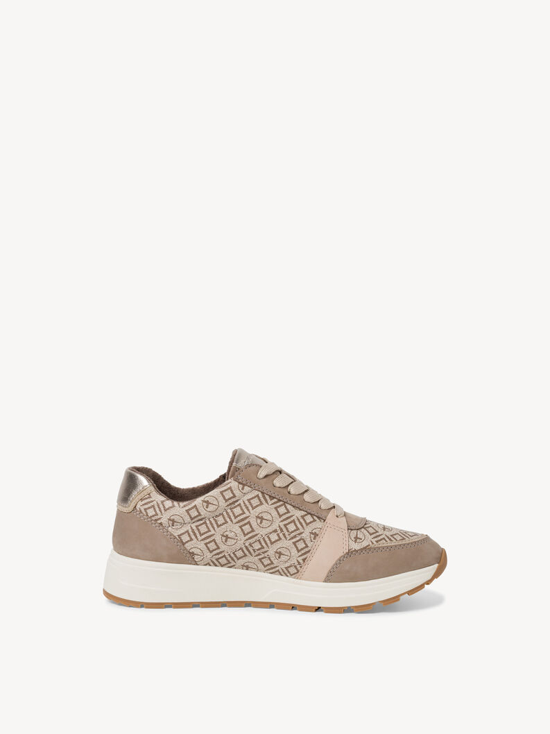 Beige sneakers with geometric design and sturdy white sole