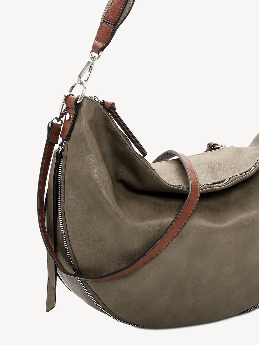 Detail van khaki tas met bruine hendel en zilveren beslag