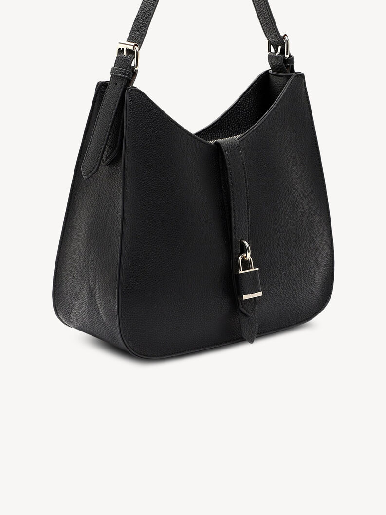 Schwarze Lederhandtasche mit Metallschnalle, seitliches Detail