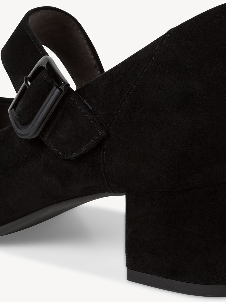 Detailaufnahme schwarze Wildleder-Pumps mit verstellbarem Riemen und Absatz